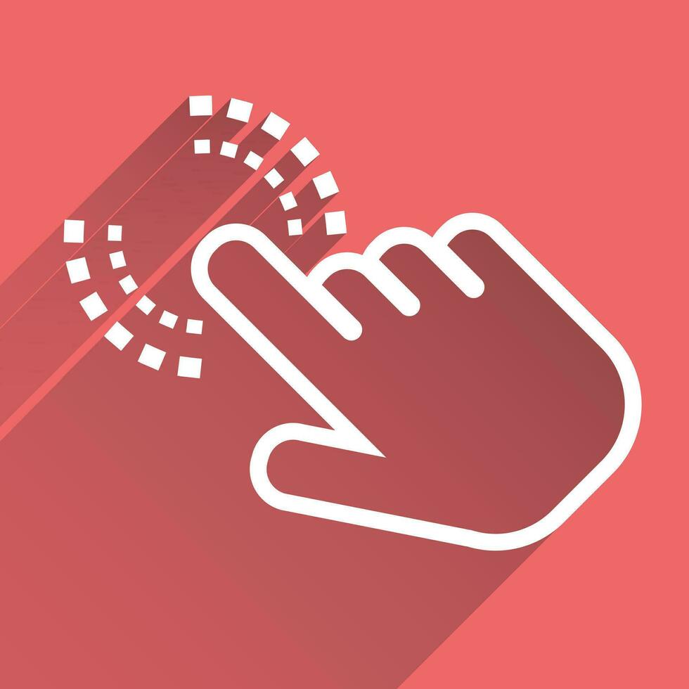 Click hand icon. Cursor finger sign flat vector. Illustration with long shadow on pink red background. vector