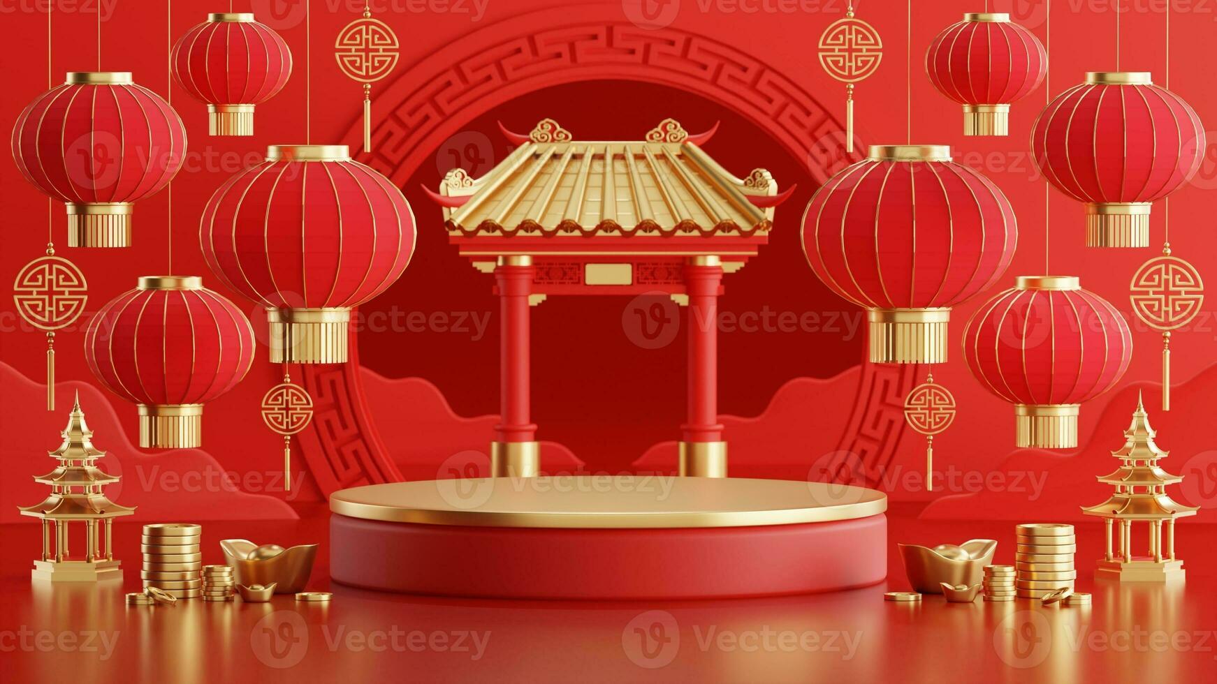 3d rendering illustration of podium round stage podium and paper art chinese new year, chinese festivals, mid autumn festival , red and gold ,flower and asian elements  on background. photo