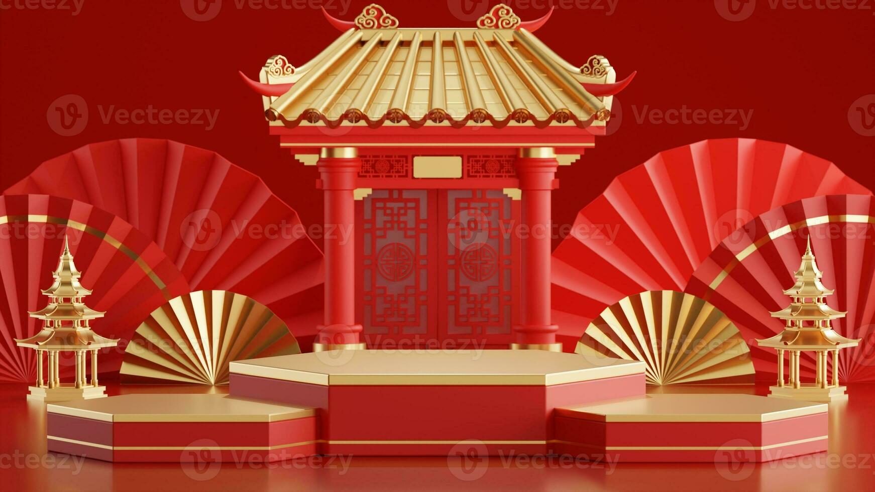 3d rendering illustration of podium round stage podium and paper art chinese new year, chinese festivals, mid autumn festival , red and gold ,flower and asian elements  on background. photo