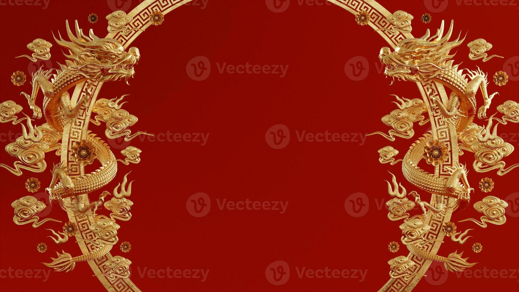 3d rendering illustration background for happy chinese new year 2024 the dragon zodiac sign with red and gold color, flower, lantern, and asian elements. photo