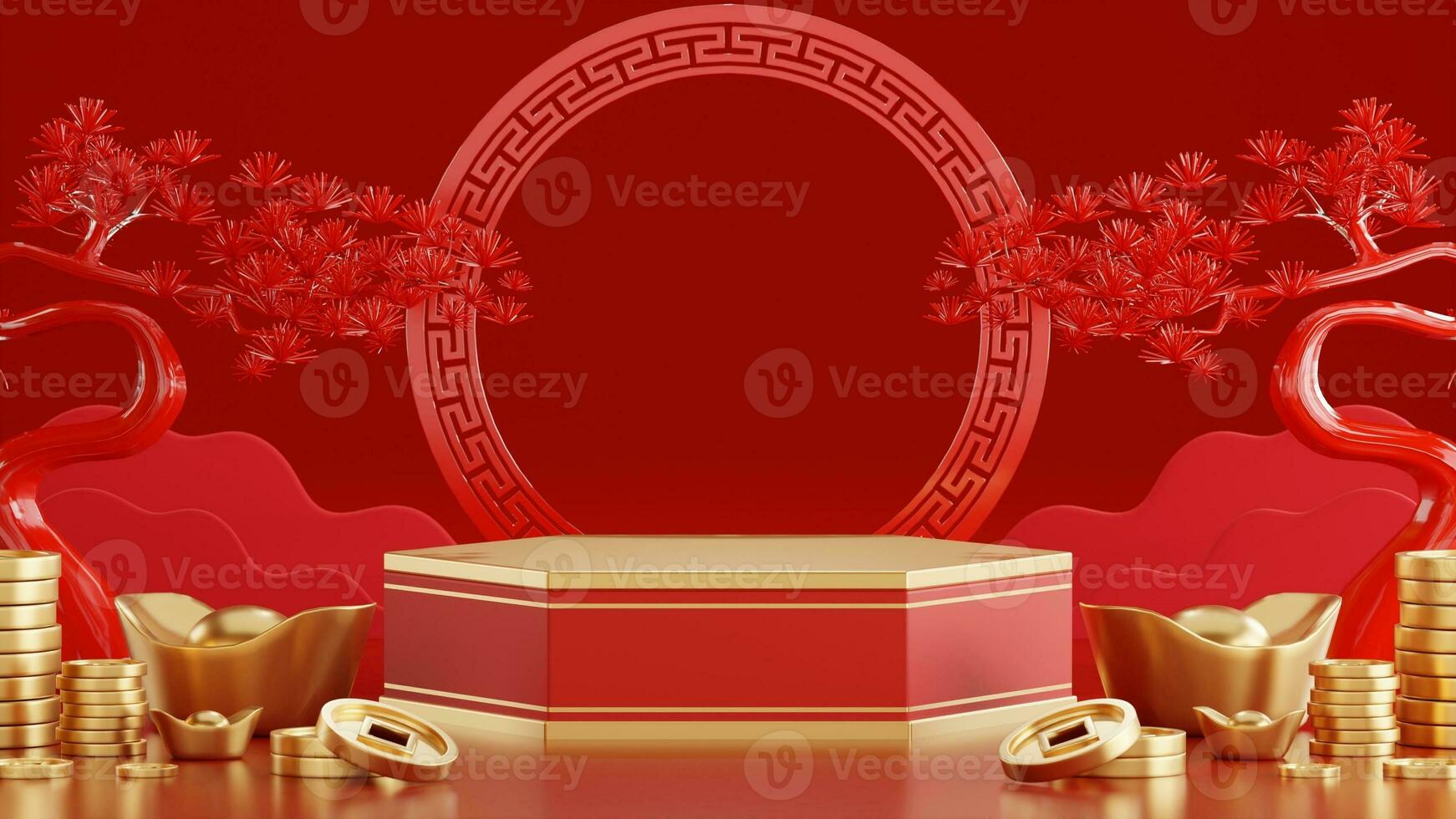 3d rendering illustration of podium round stage podium and paper art chinese new year, chinese festivals, mid autumn festival , red and gold ,flower and asian elements  on background. photo