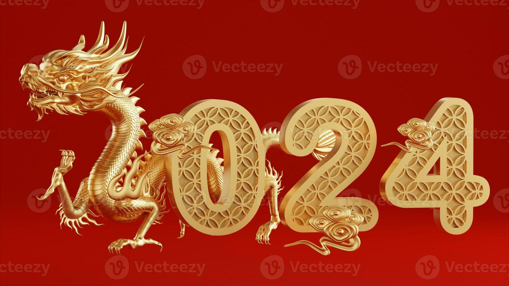 3d rendering illustration for happy chinese new year 2024 the dragon zodiac sign with flower, lantern, asian elements, red and gold on background. photo