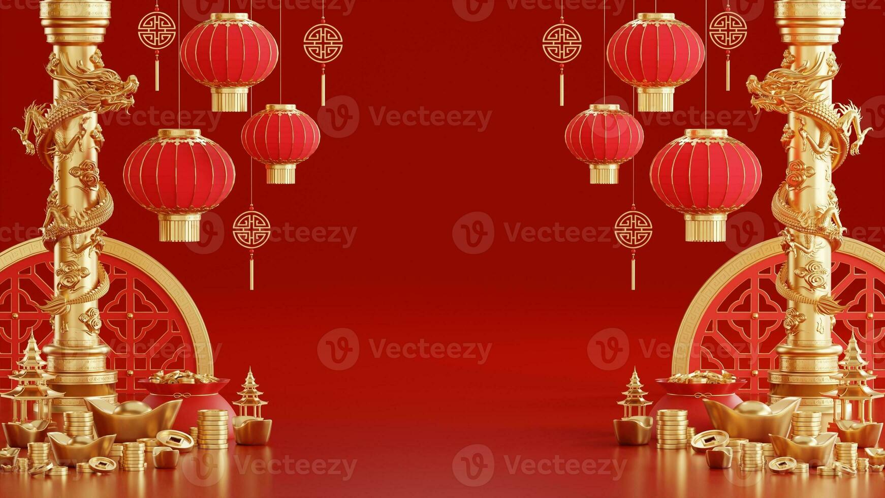 3d rendering illustration background for happy chinese new year 2024 the dragon zodiac sign with red and gold color, flower, lantern, and asian elements. photo