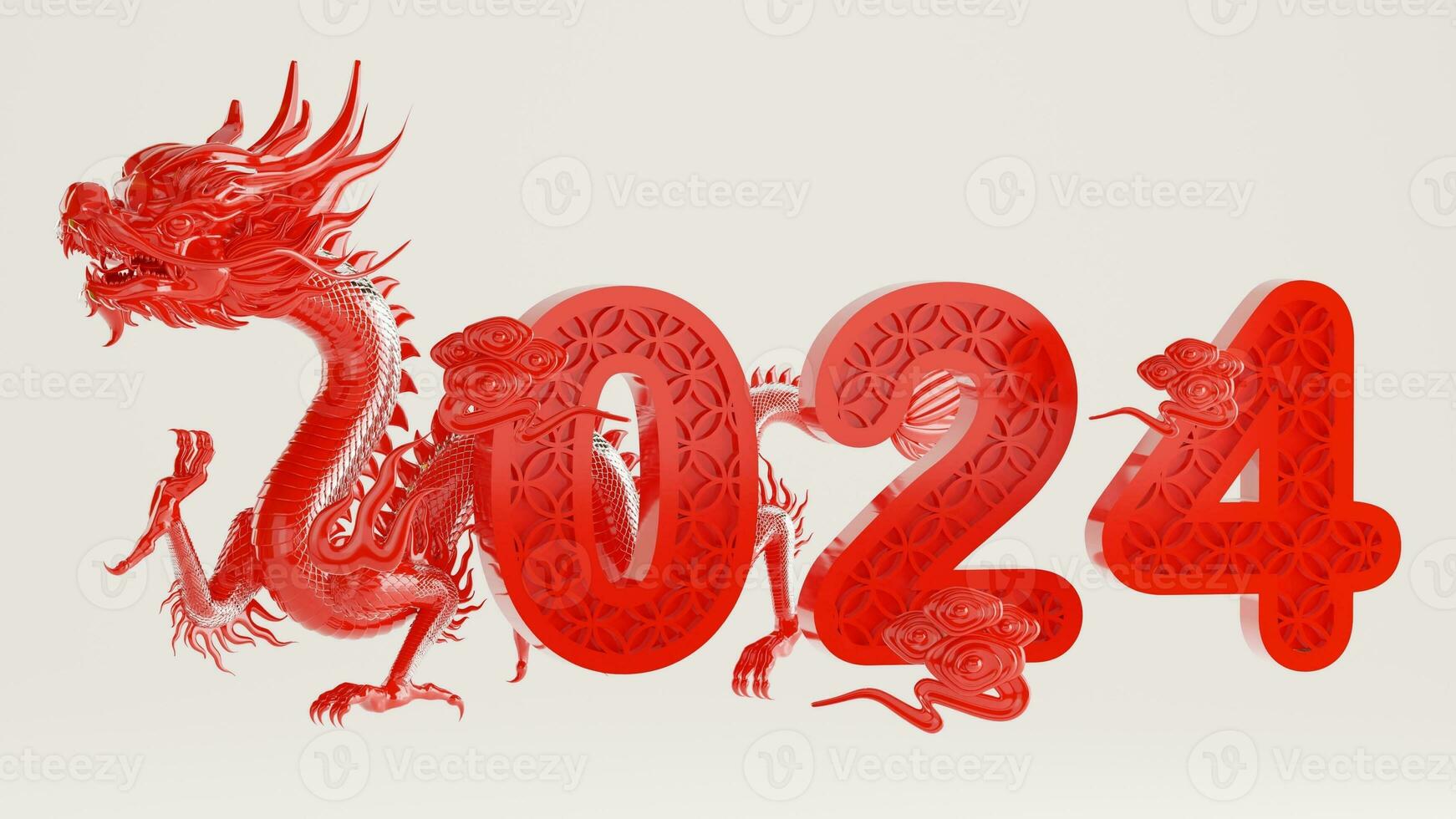 3d rendering illustration for happy chinese new year 2024 the dragon zodiac sign with flower, lantern, asian elements, red and gold on background. photo