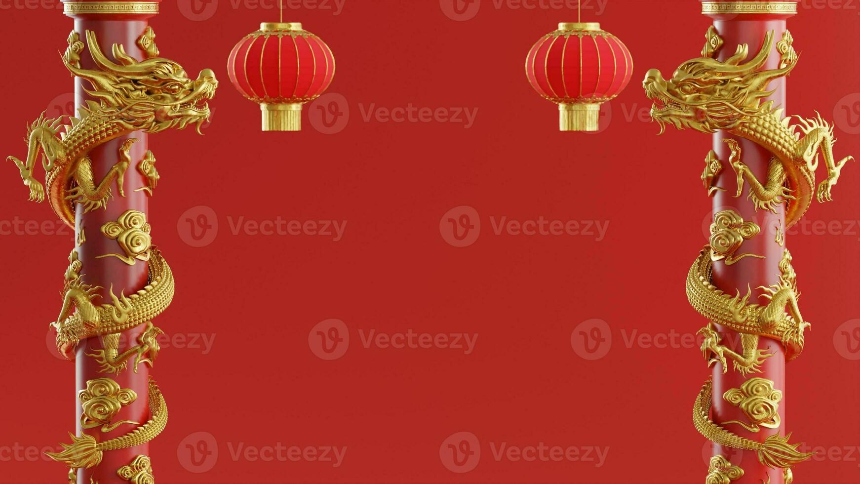 3d rendering illustration background for happy chinese new year 2024 the dragon zodiac sign with red and gold color, flower, lantern, and asian elements. photo