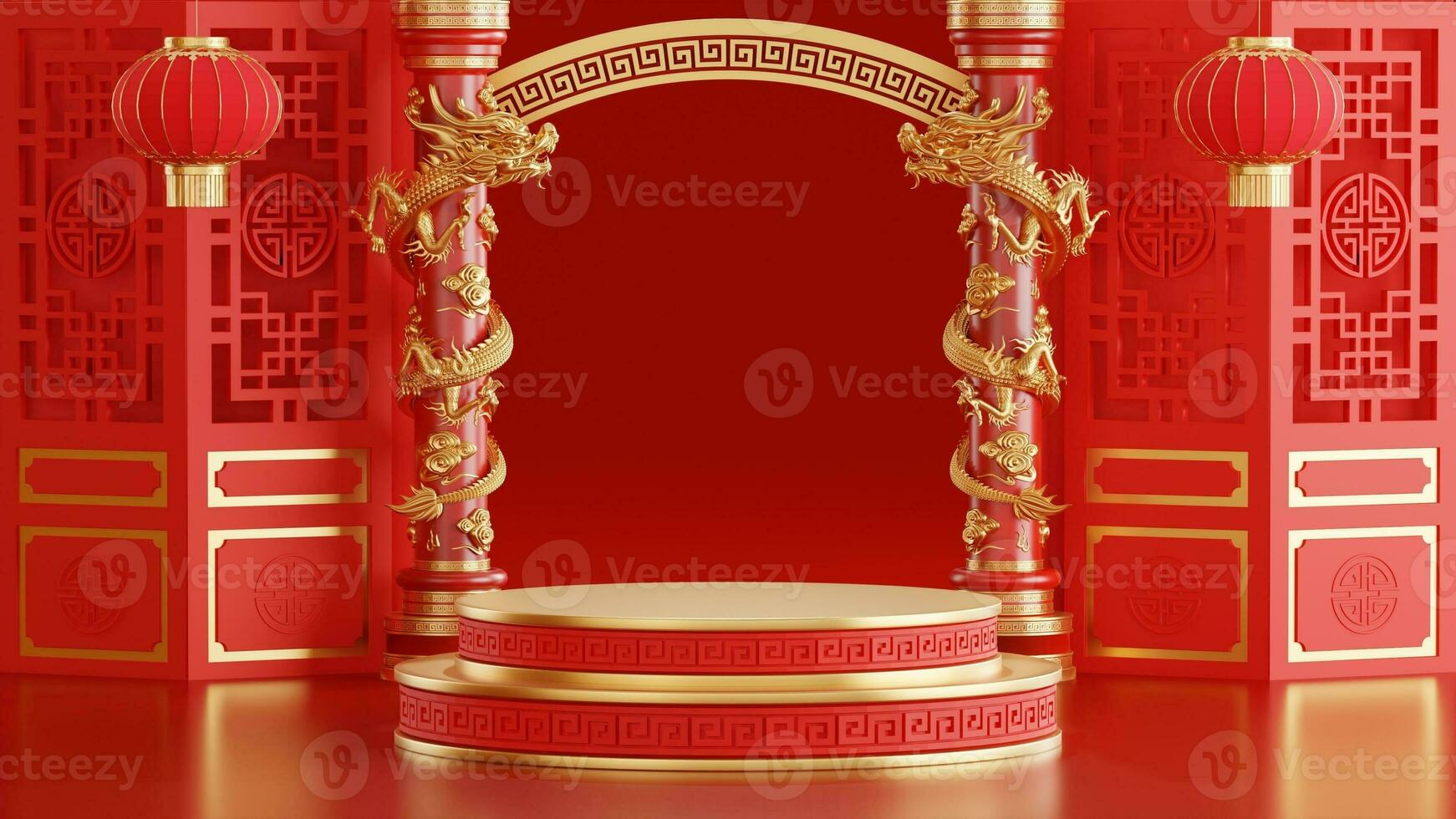 3d rendering illustration of podium round stage podium and paper art chinese new year, chinese festivals, mid autumn festival , red and gold ,flower and asian elements  on background. photo