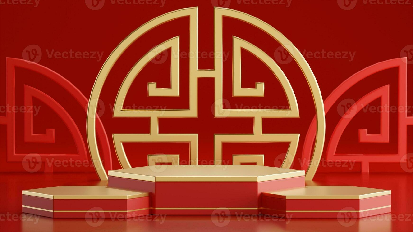 3d rendering illustration of podium round stage podium and paper art chinese new year, chinese festivals, mid autumn festival , red and gold ,flower and asian elements  on background. photo