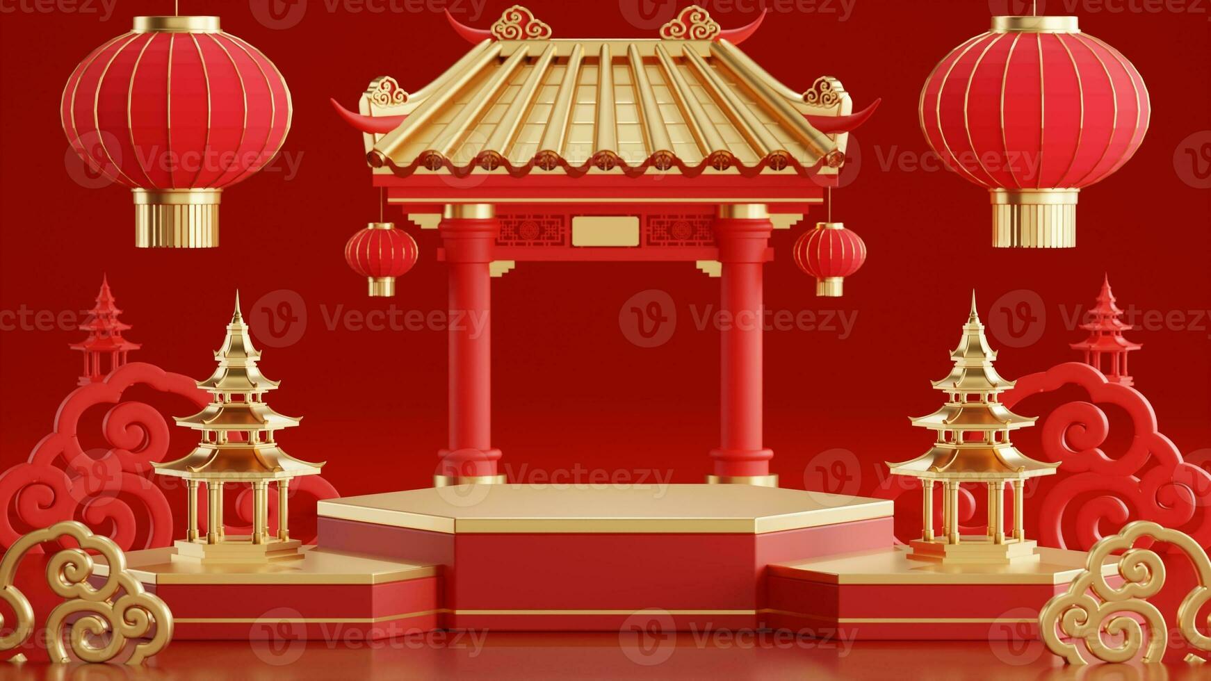 3d rendering illustration of podium round stage podium and paper art chinese new year, chinese festivals, mid autumn festival , red and gold ,flower and asian elements  on background. photo