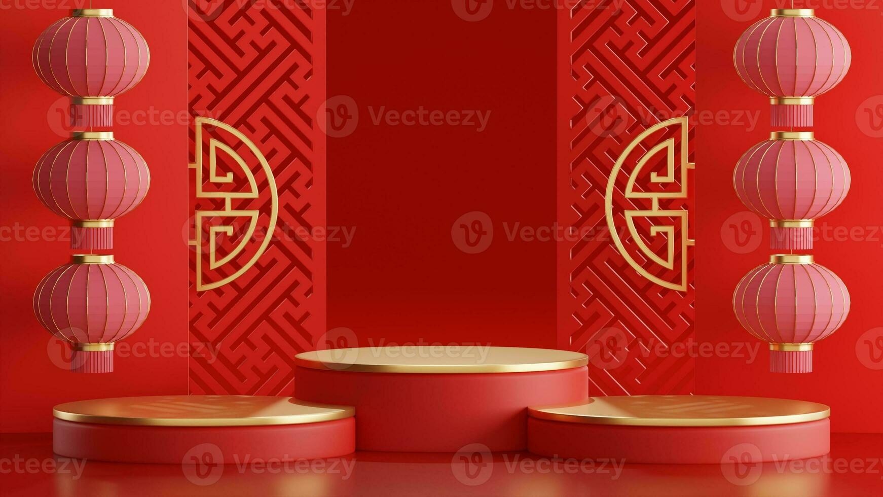 3d rendering illustration of podium round stage podium and paper art chinese new year, chinese festivals, mid autumn festival , red and gold ,flower and asian elements  on background. photo