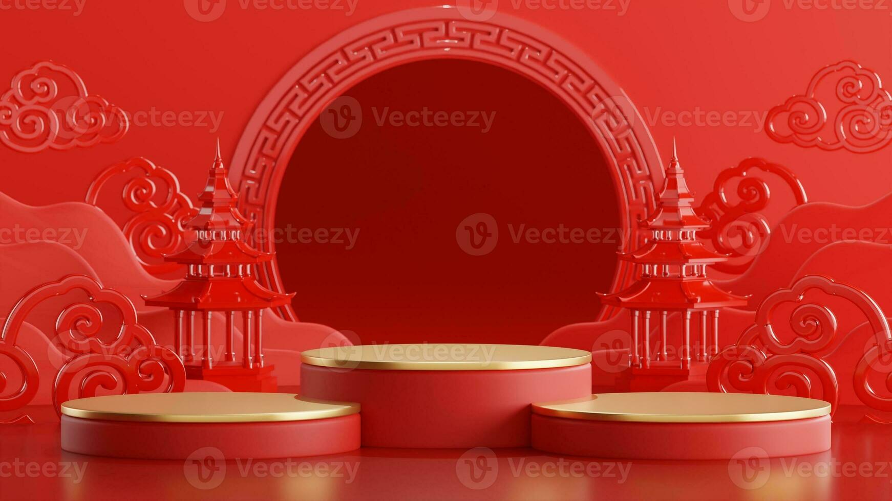 3d rendering illustration of podium round stage podium and paper art chinese new year, chinese festivals, mid autumn festival , red and gold ,flower and asian elements  on background. photo