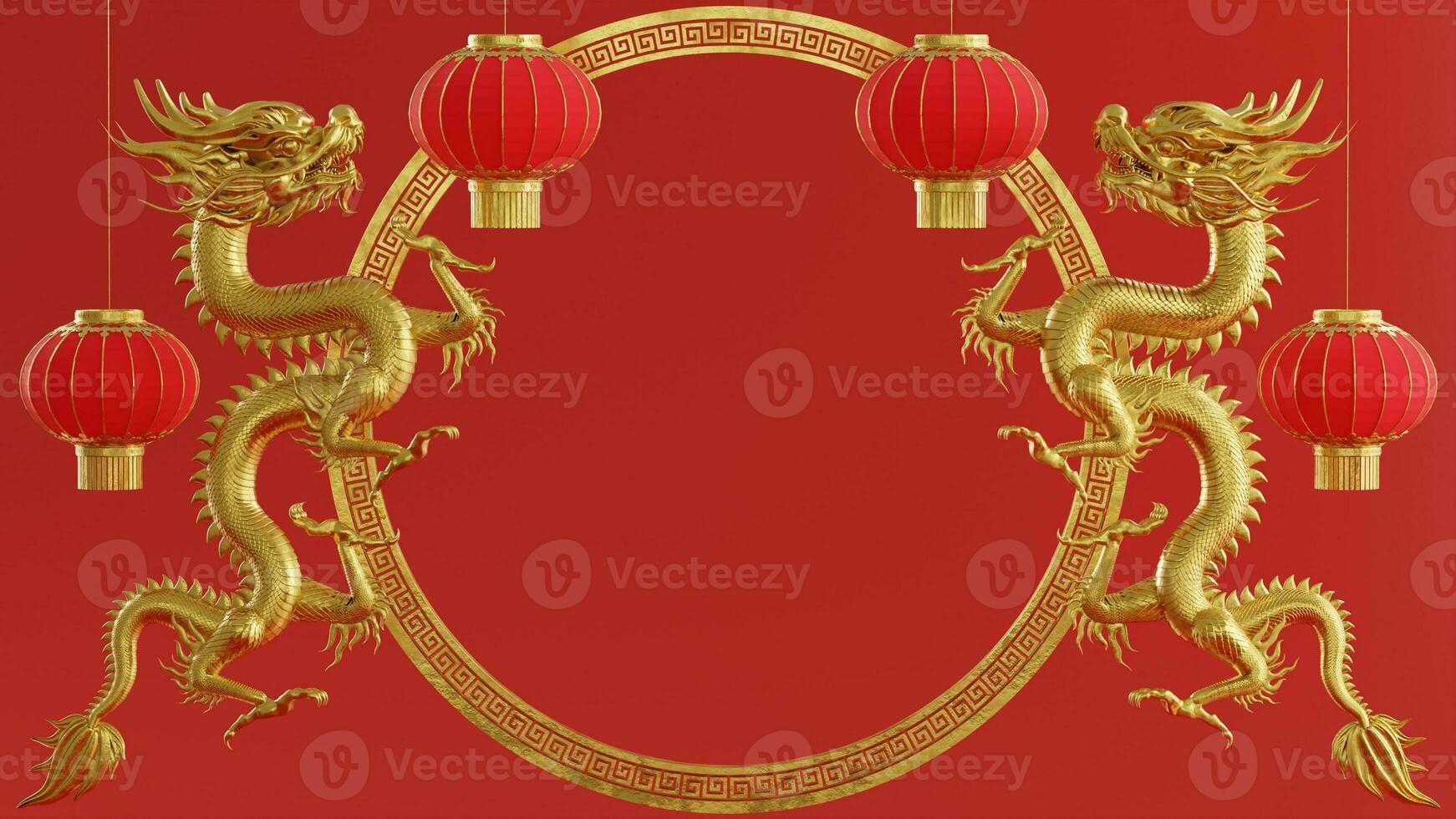 3d rendering illustration background for happy chinese new year 2024 the dragon zodiac sign with red and gold color, flower, lantern, and asian elements. photo