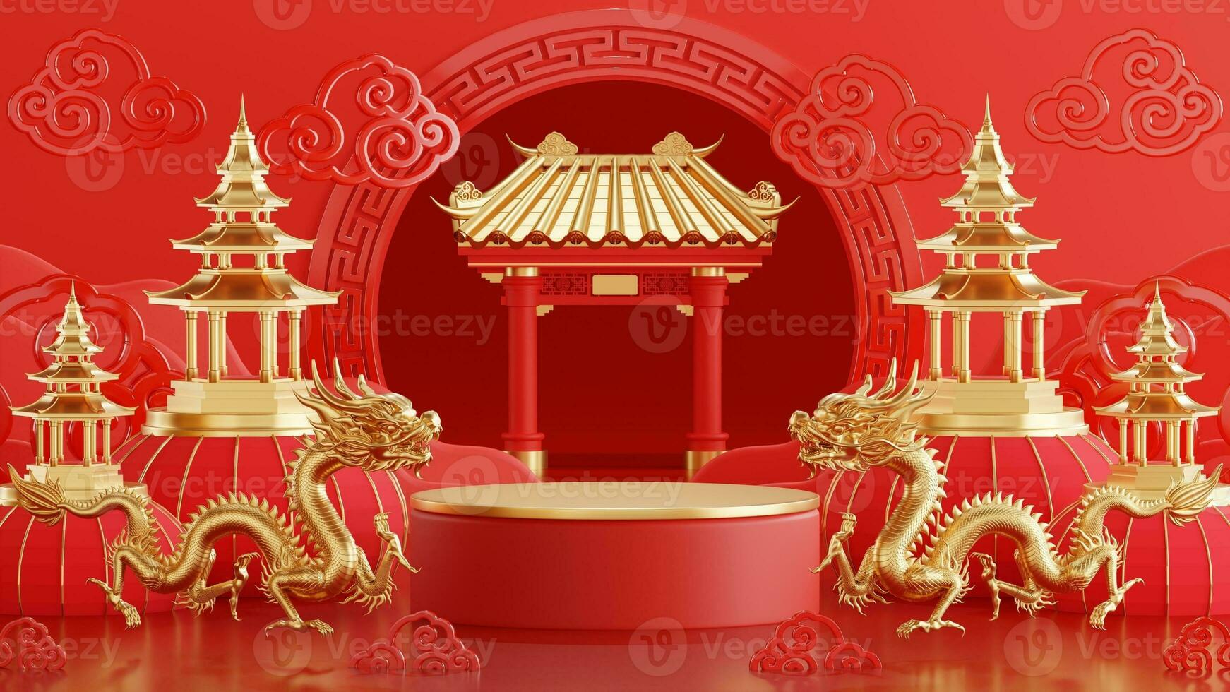 3d rendering illustration for happy chinese new year 2024 the dragon zodiac sign with flower, lantern, asian elements, red and gold on background. photo