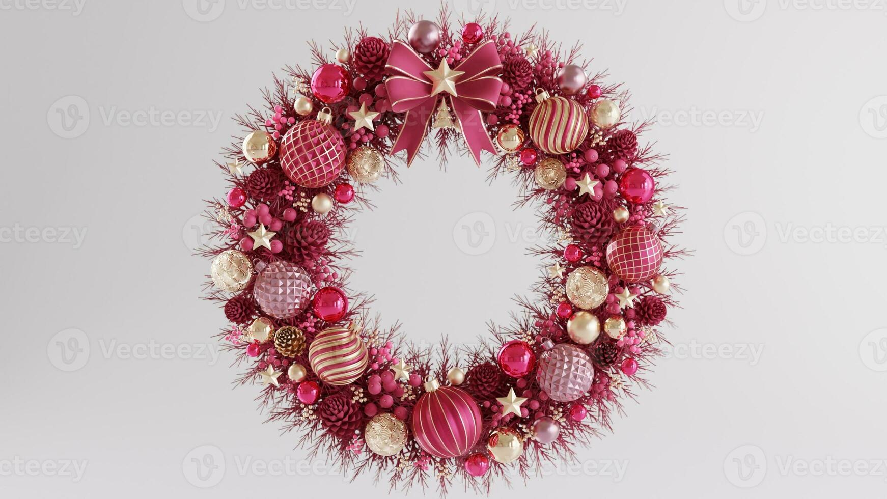 Luxury christmas wreath 3d rendering illustration for christmas festival with christmas tree,santa claus,gift boxes, ribbon,ball,snow,product, promotion sale, presentation pedestal 3d render photo