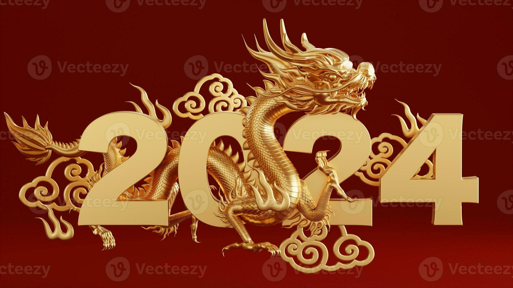 3d rendering illustration for happy chinese new year 2024 the dragon zodiac sign with flower, lantern, asian elements, red and gold on background. photo