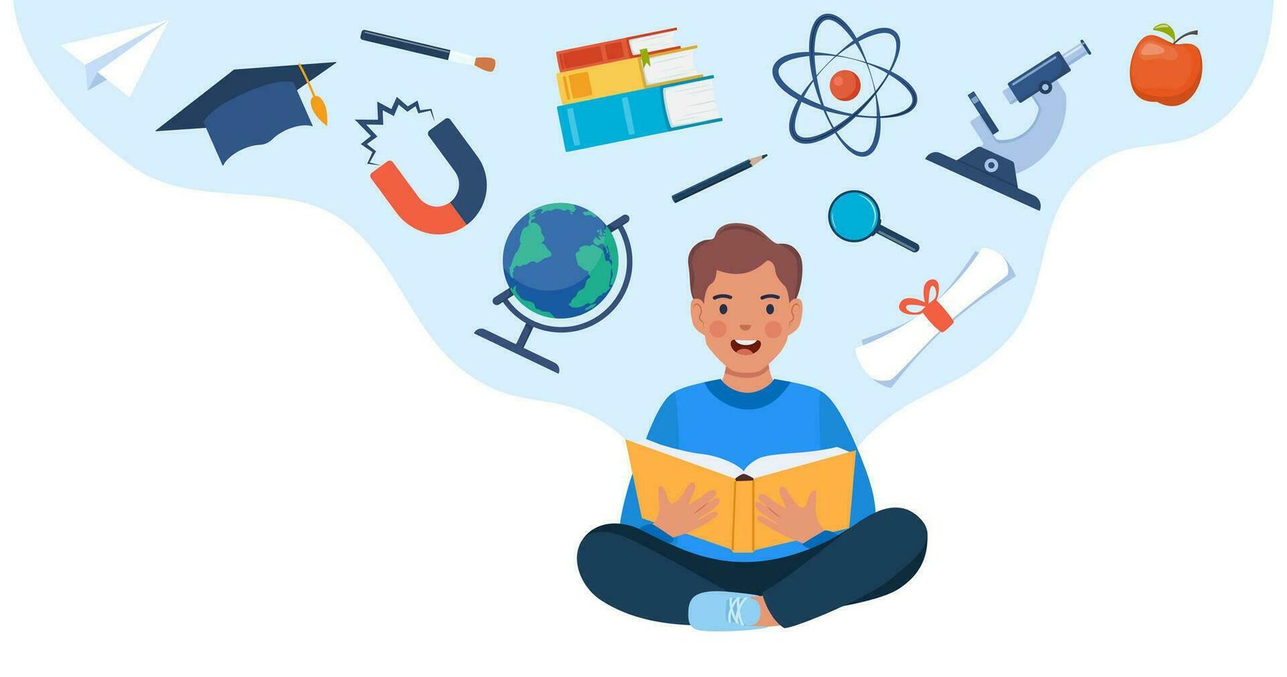 Boy sitting on the floor with opened book. School icons around. Microscope, atom, books, magnet, globe, basketball. Education concept. Knowledge, creativity, discoveries. Back to school. Vector. vector