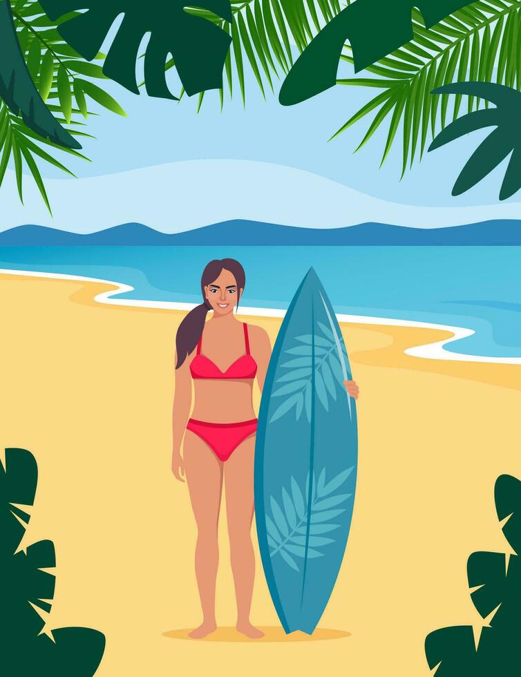 Young woman surfer with surfboard standing on the beach. Smiling surfer girl. Vector illustration.