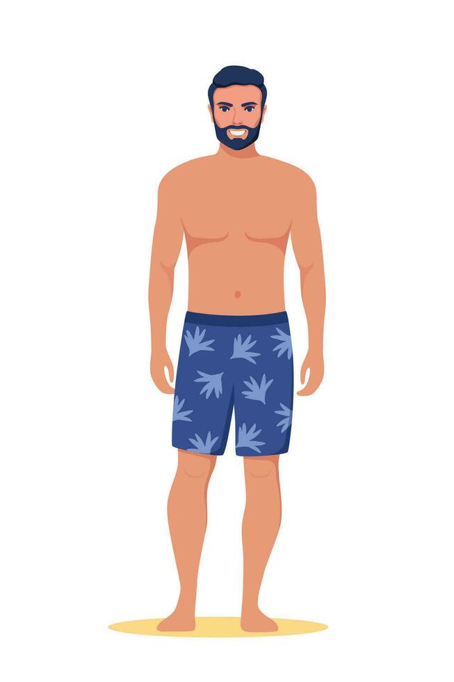 hombre vestido en traje de baño en pie en el playa. verano vacaciones hermosa hombre en bermudas. vector ilustración.