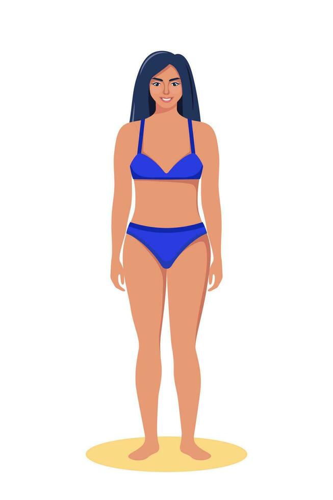Woman dressed in swimsuit standing on the beach. Summer vacations. Beautiful sexy girl in bikini. Vector illustration.