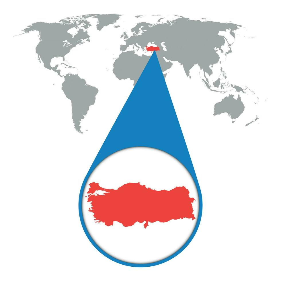 mundo mapa con enfocar en pavo. mapa en lupa vector ilustración en plano estilo