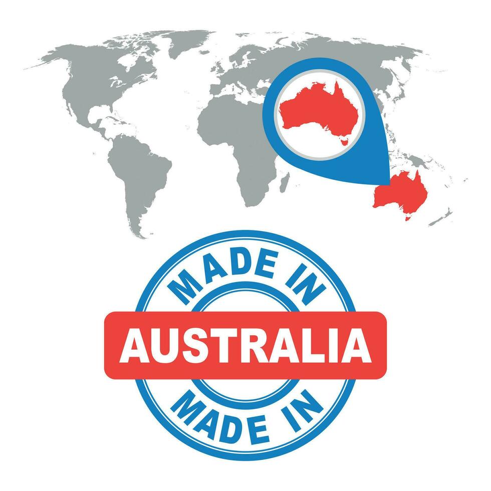 Made in Australia stamp. World map with red country. Vector emblem in flat style on white background.