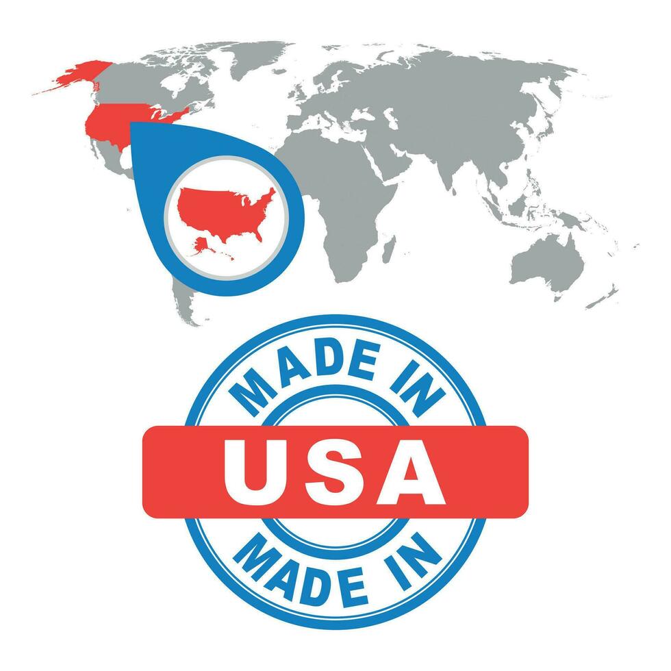 Made in USA, America stamp. World map with red country. Vector emblem in flat style on white background.