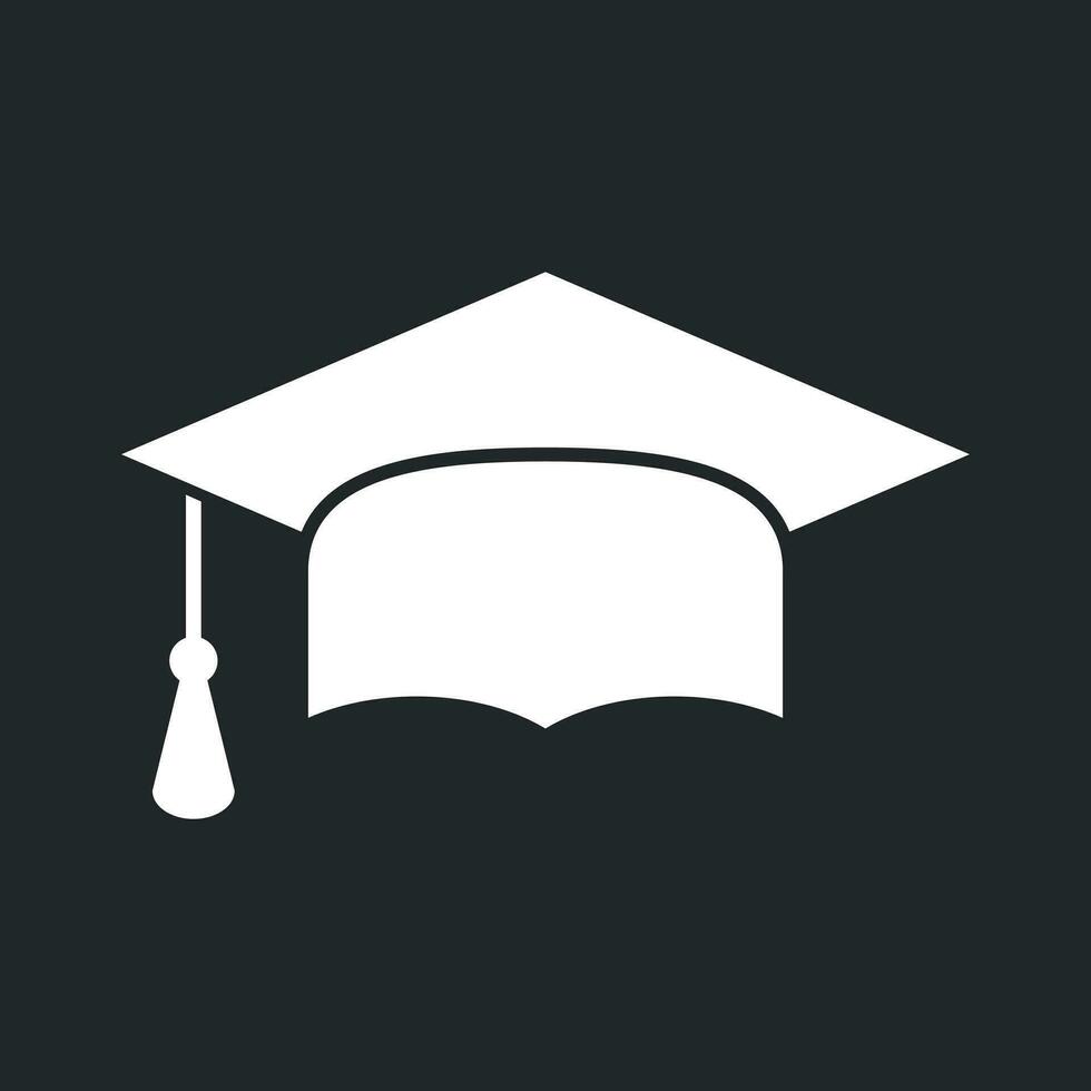 Graduation cap flat design icon. Finish education symbol. Graduation day celebration element. Graduation cap vector illustration on black background.