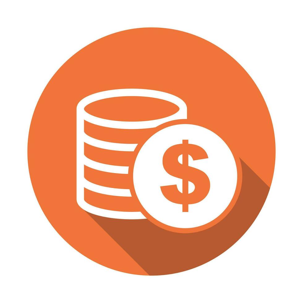 Money icon with shadow on orange round background. Coins vector illustration in flat style. Icons for design, website.