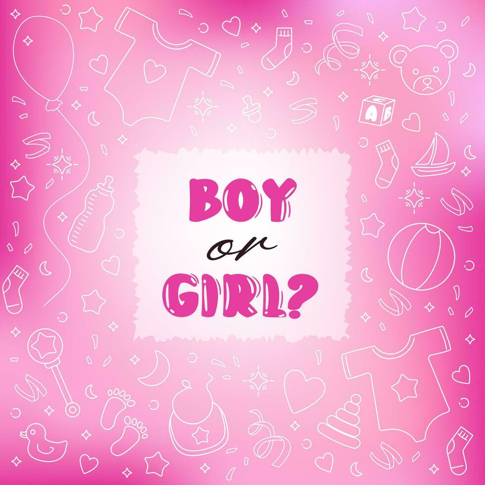 Gender Reveal Party Boy or Girl Pink square background banner for baby shower. Stock vector illustration in doodle style white elements on mesh blurry