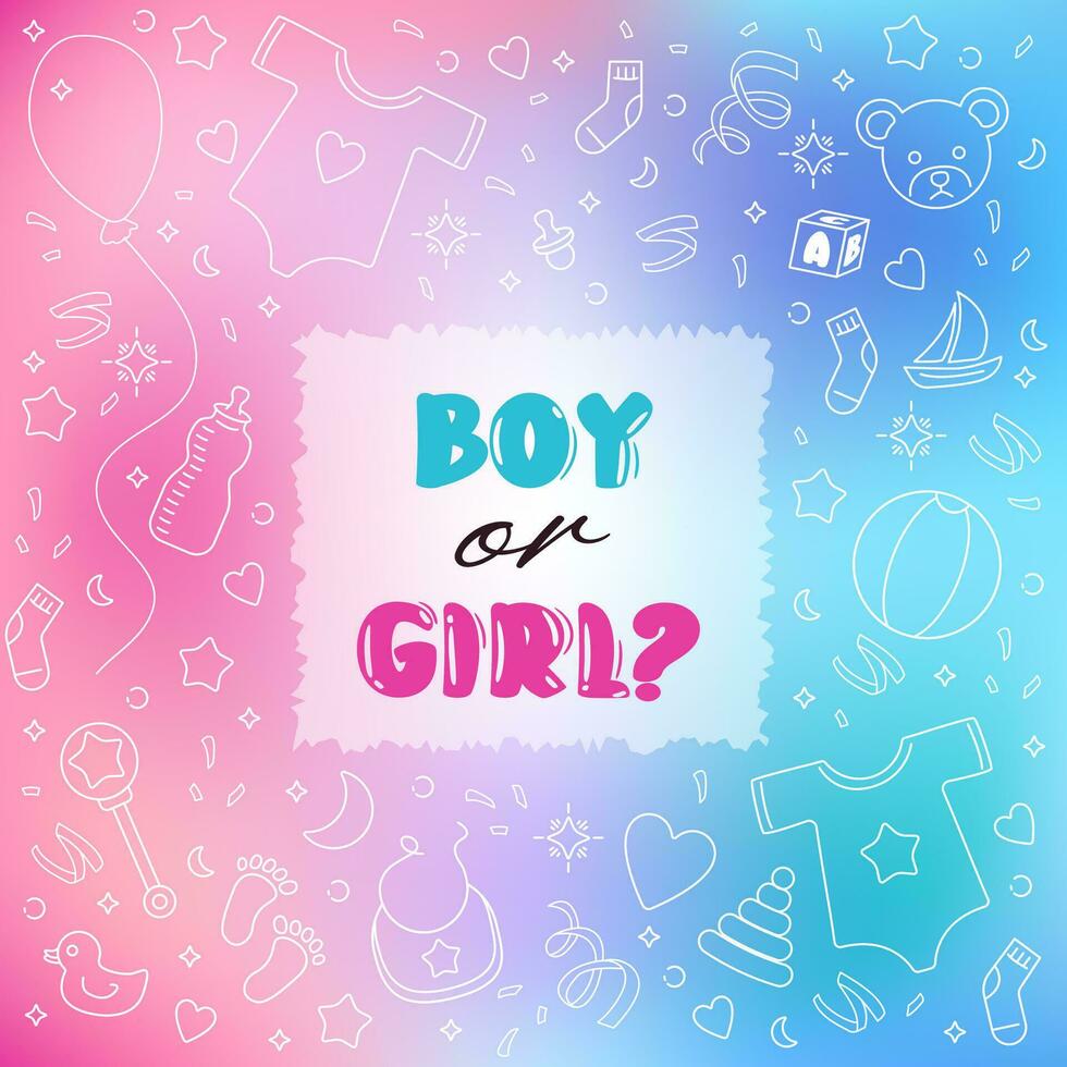 Gender Reveal Party Boy or Girl Pink and blue square background banner for baby shower. Stock vector illustration in doodle style white elements on mesh blurry