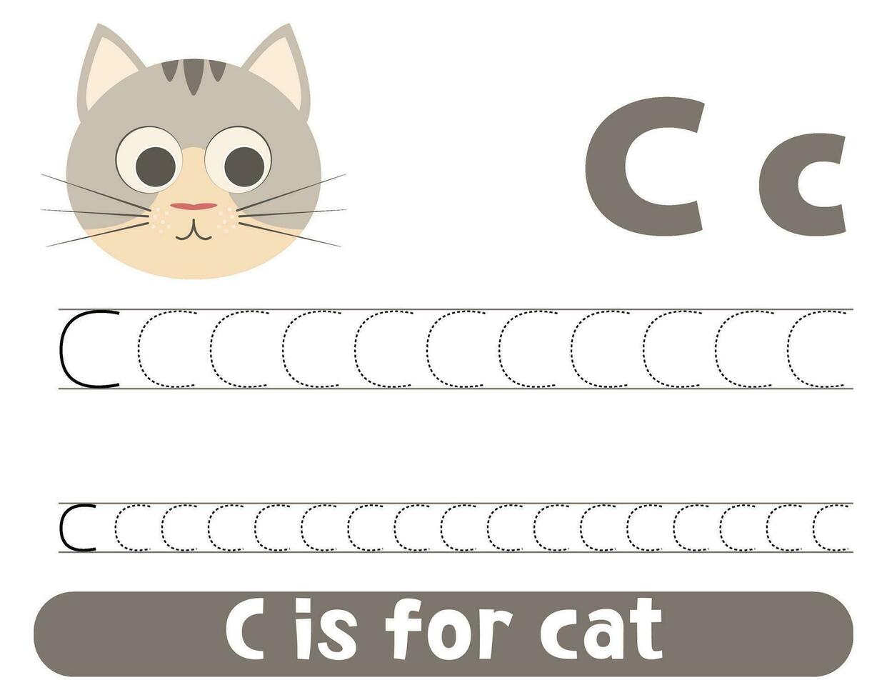 Tracing alphabet letter C with cute cat. Worksheet for children. vector