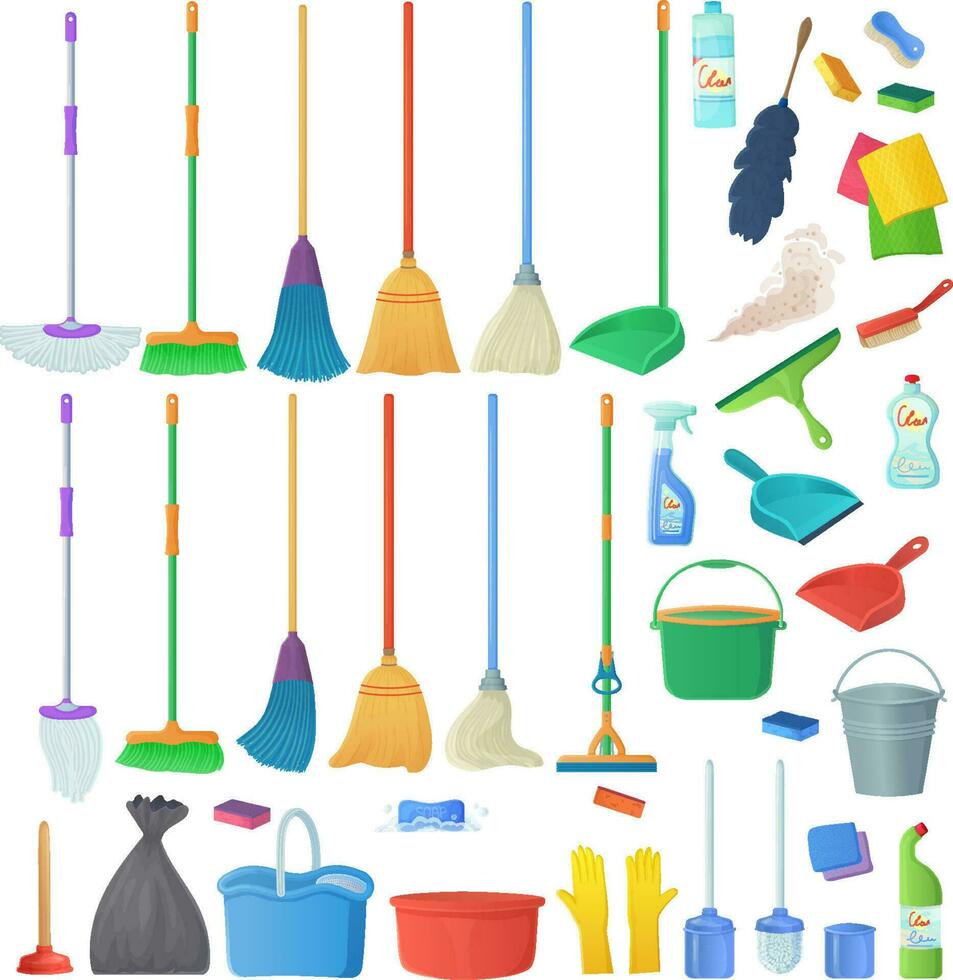 Set of cleaning equipment. House cleaning service tools vector illustration  Stock Vector