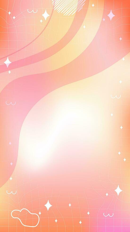 Trendy yellow orange pink blurry mesh gradient abstract storic template background with copy space and hand drawn Kawaii Y2K line and wave elements smooth and rounded doodles vector