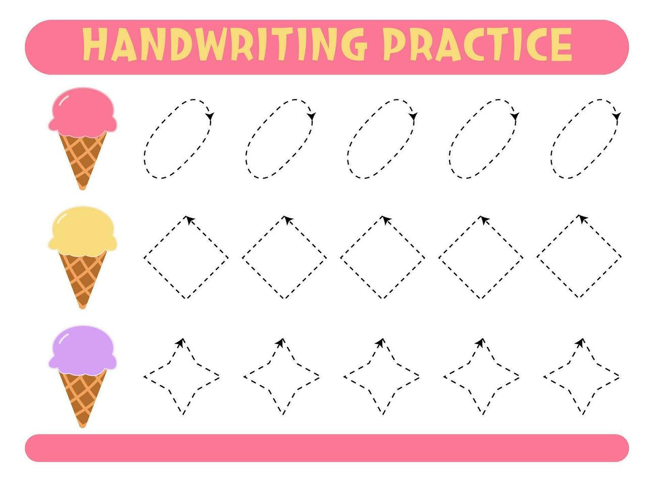Tracing lines with cute ice cream. Handwriting practice. vector