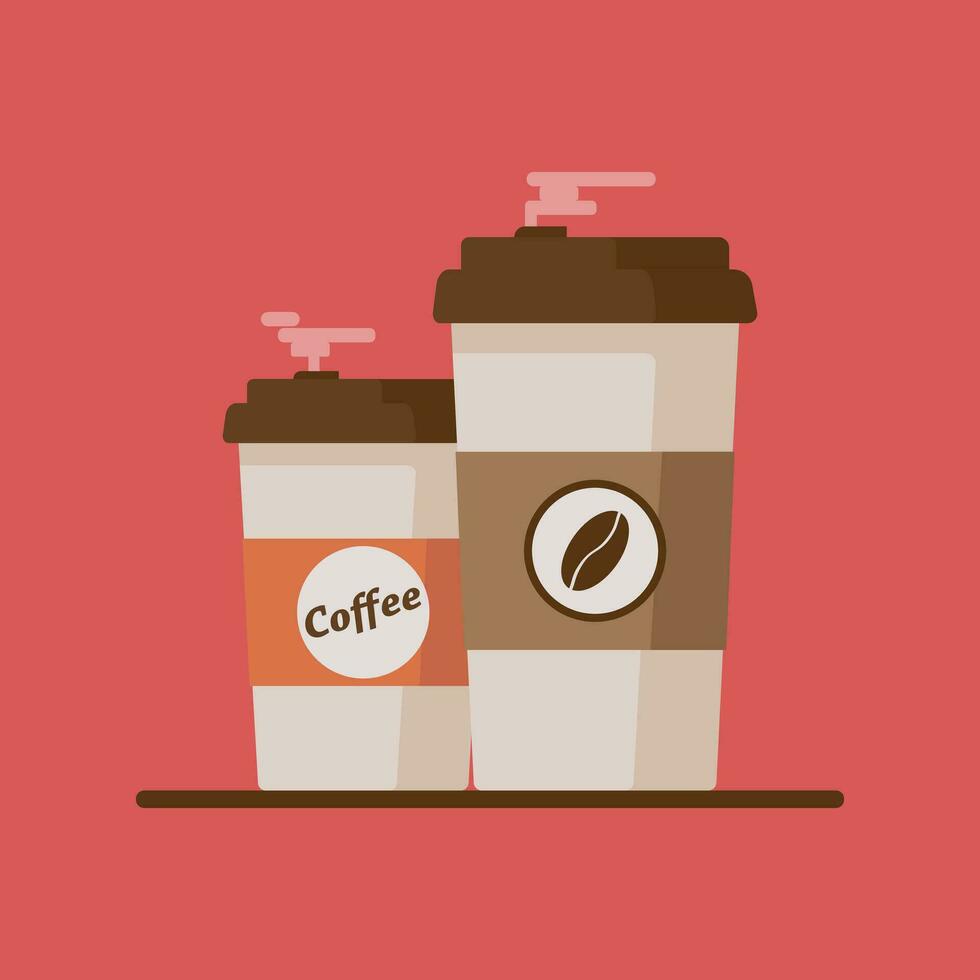 Coffee cup with coffee beans on red background. Flat vector illustration