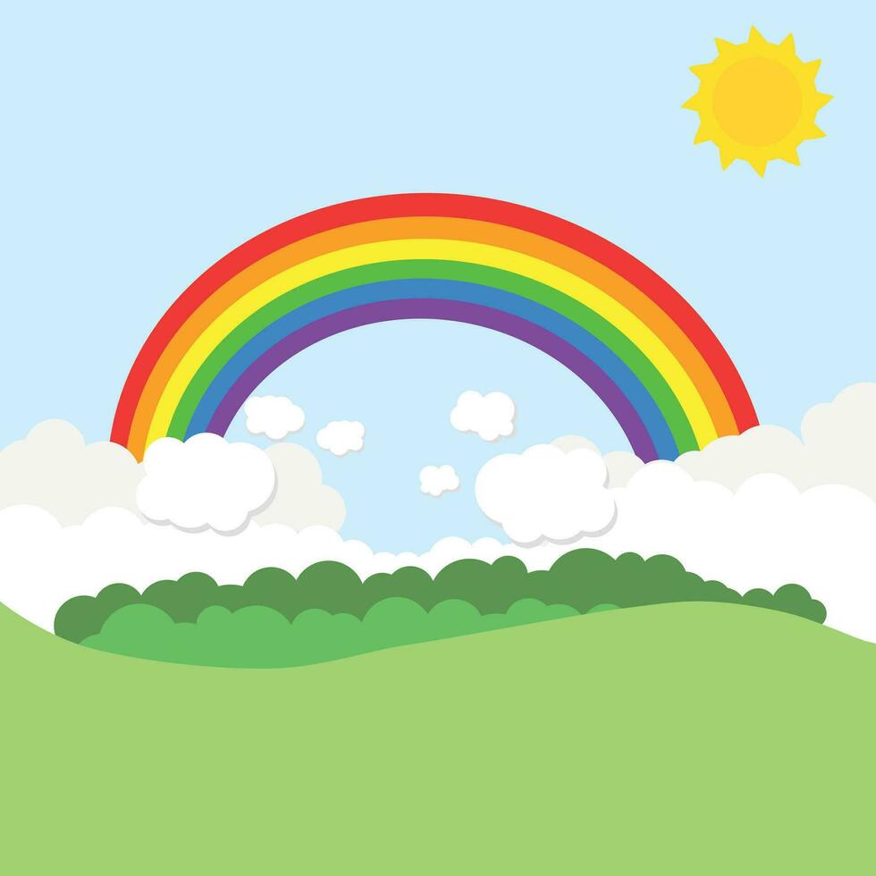 Landscape with rainbow and sun. Vector illustration