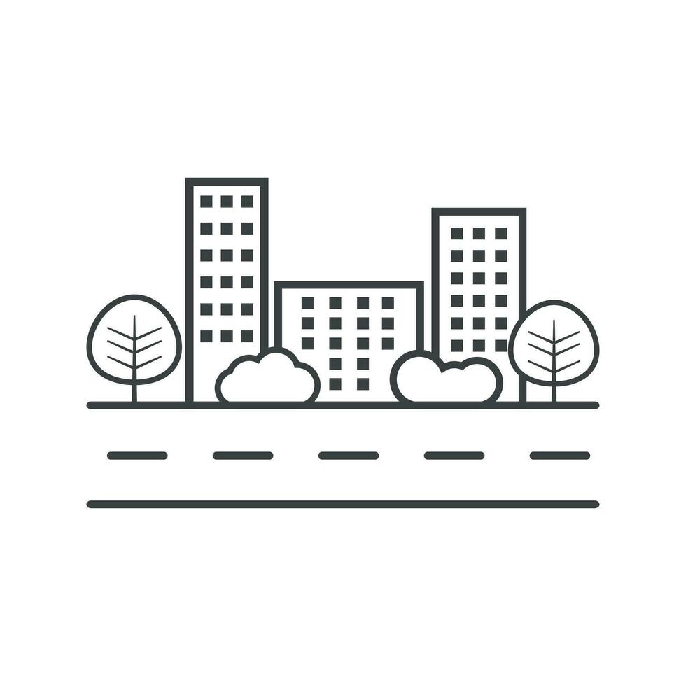 Vector city illustration in flat style. Building, tree and shrub on road on white background