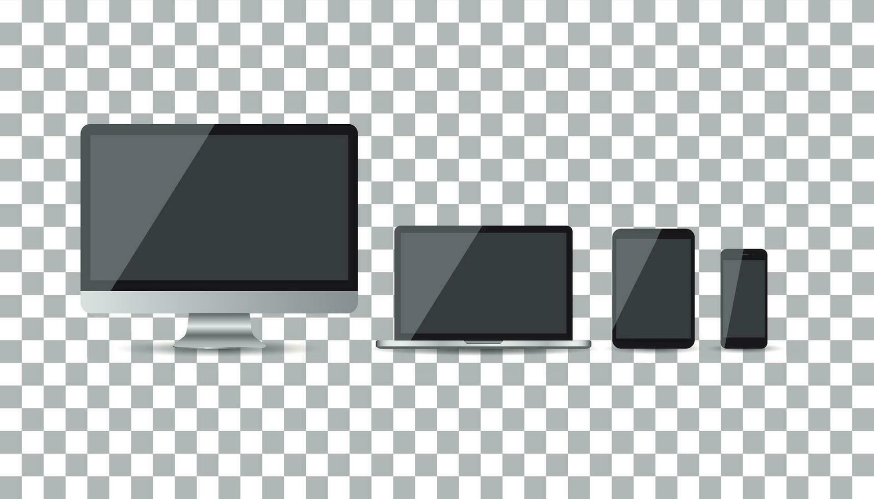Realistic device flat Icons smartphone, tablet, laptop and desktop computer. Vector illustration on isolated background