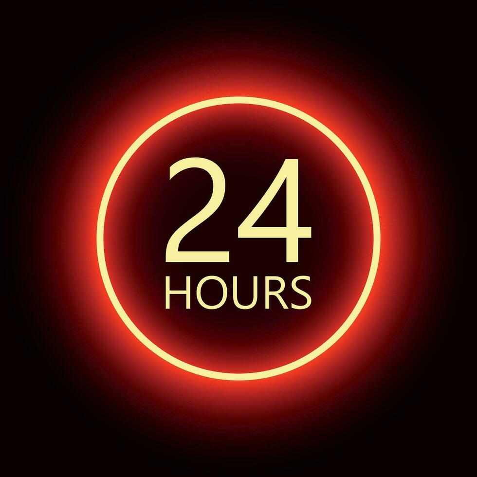 24 hours open sign, red neon billboard vector illustration