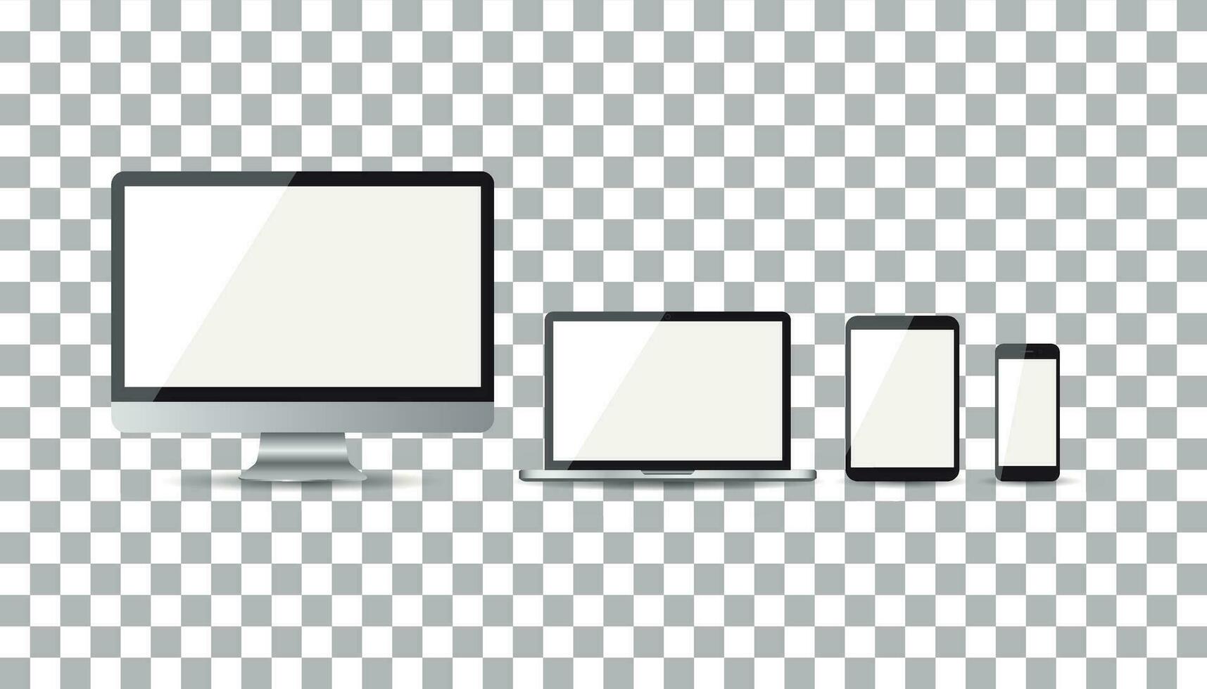 Realistic device flat Icons smartphone, tablet, laptop and desktop computer. Vector illustration on isolated background