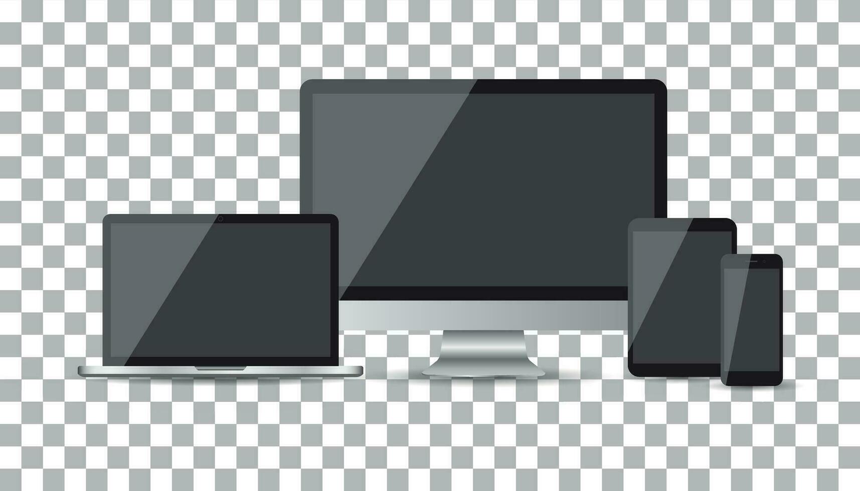 realista dispositivo plano íconos teléfono inteligente, tableta, ordenador portátil y escritorio computadora. vector ilustración en aislado antecedentes