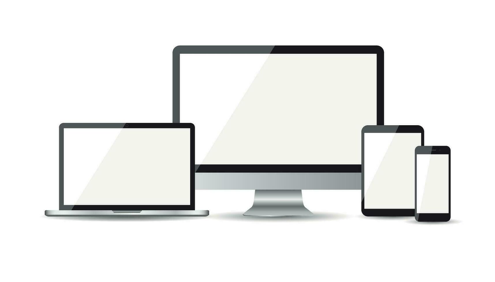 Realistic device flat Icon smartphone, tablet, laptop and desktop computer. Vector illustration on white background