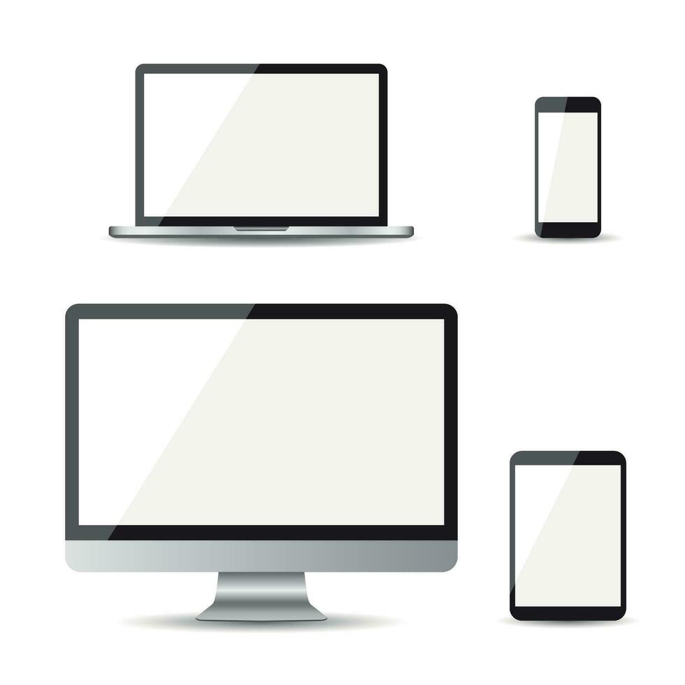 Realistic device flat Icons smartphone, tablet, laptop and desktop computer. Vector illustration on white background