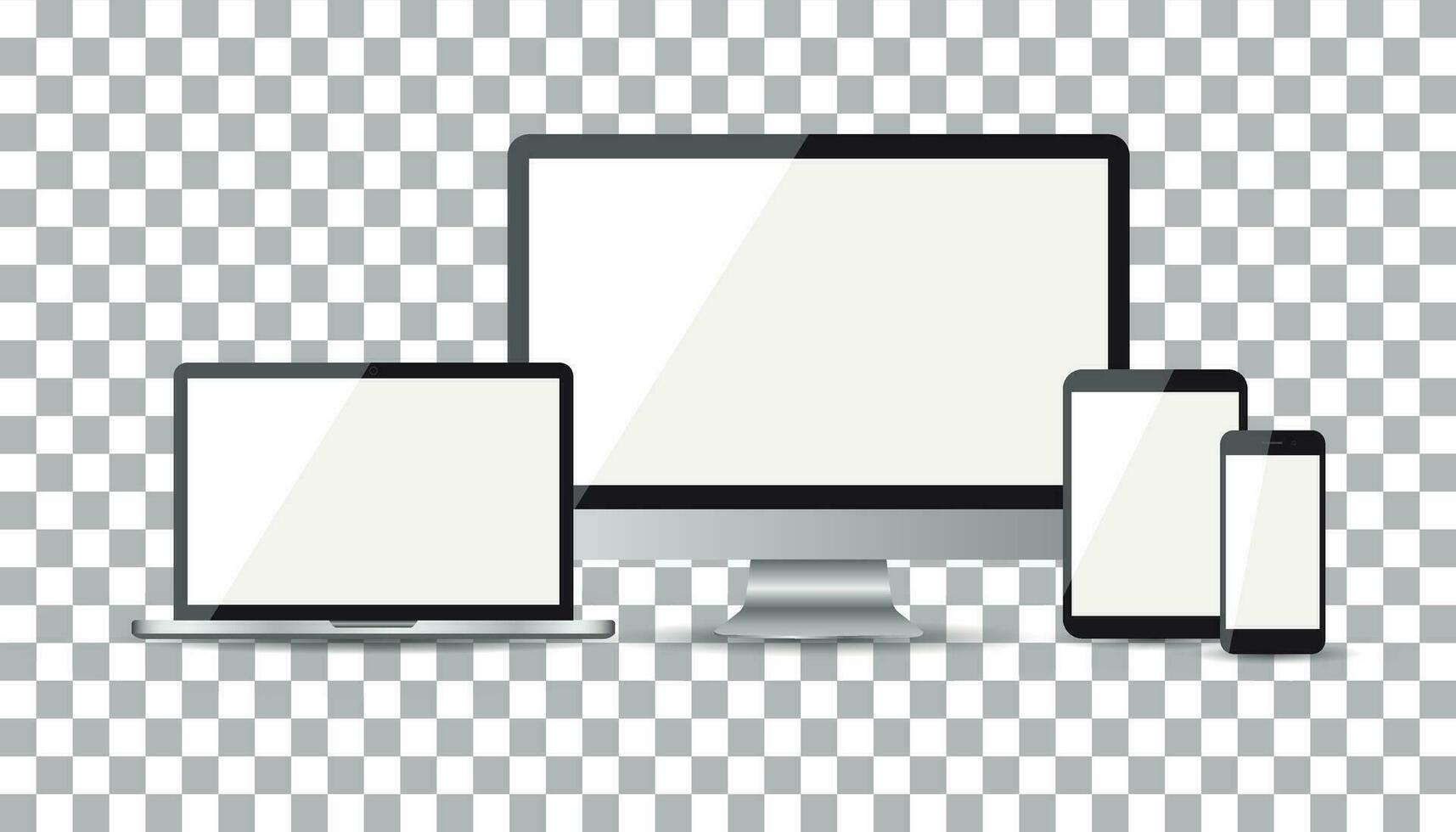 Realistic device flat Icons smartphone, tablet, laptop and desktop computer. Vector illustration on isolated background