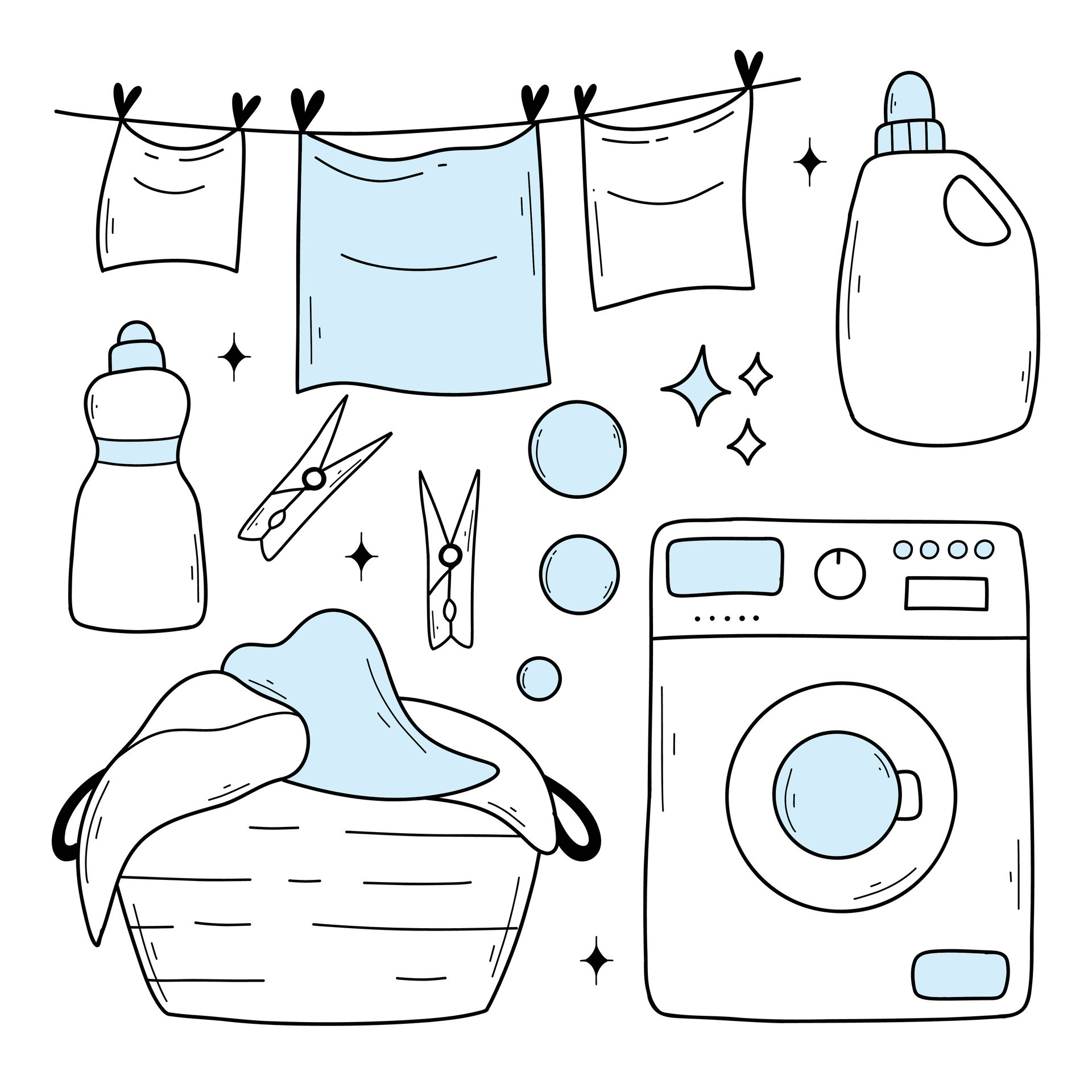 Set of laundry items in doodle style. Linear collection of laundry