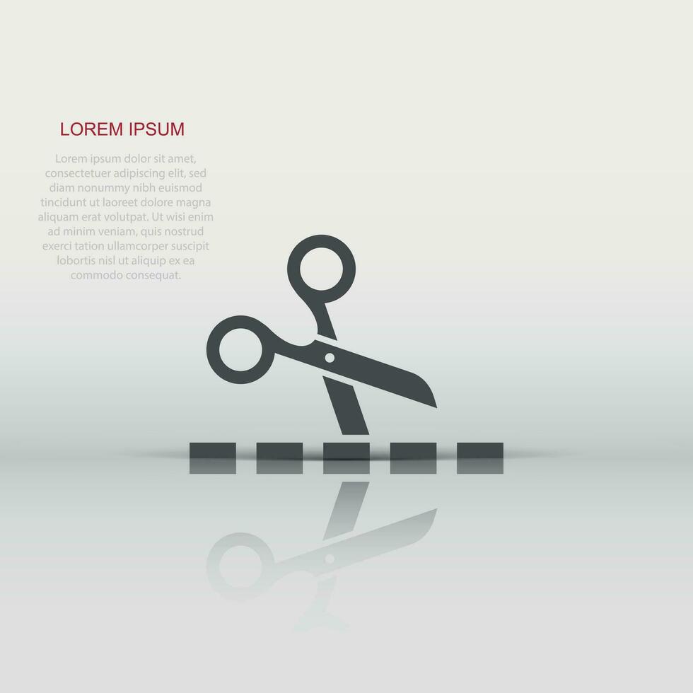 Scissor with cutting line icon in flat style. Cut equipment vector illustration on white isolated background. Cutter business concept.