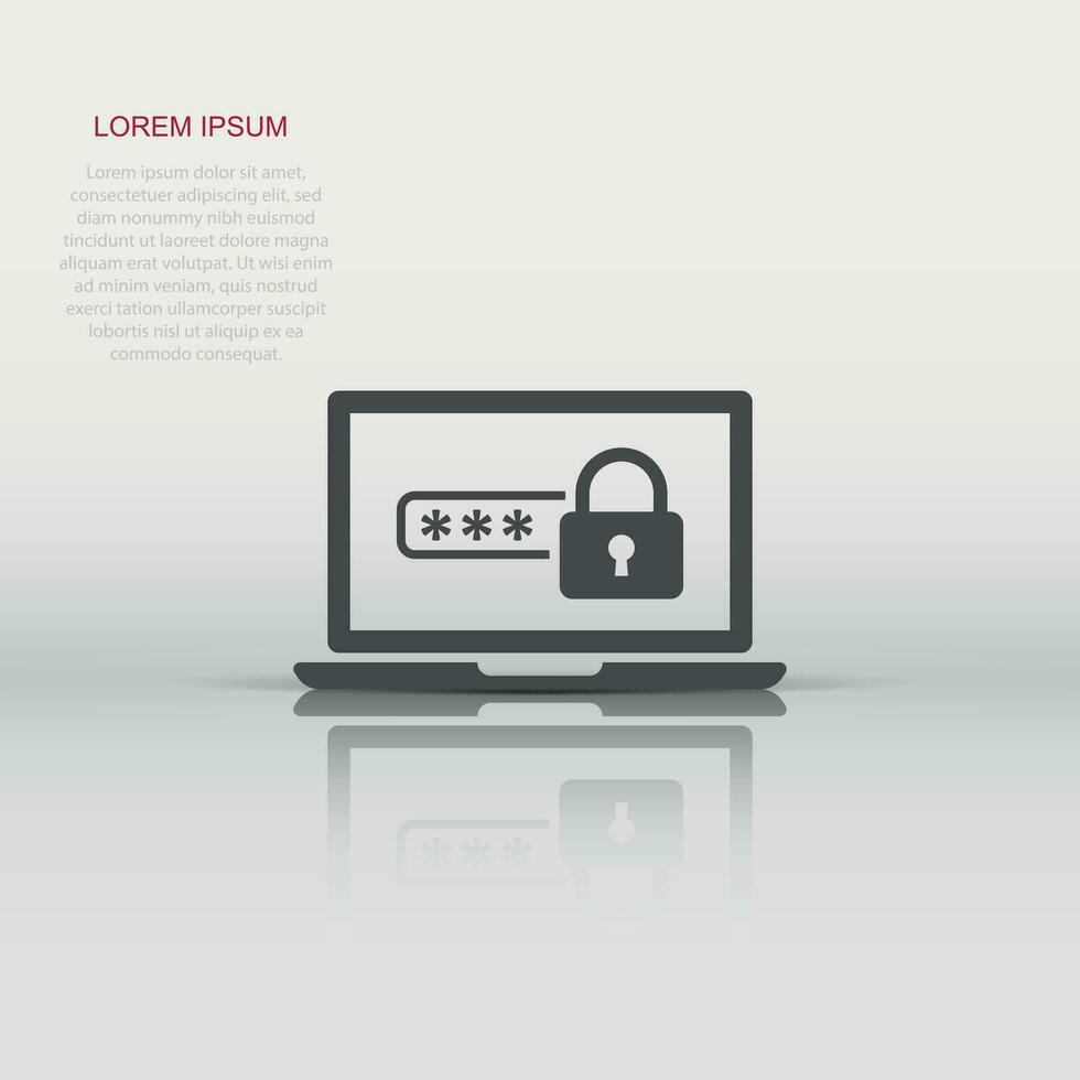 Laptop with password icon in flat style. Computer access vector illustration on white isolated background. Padlock entry business concept.