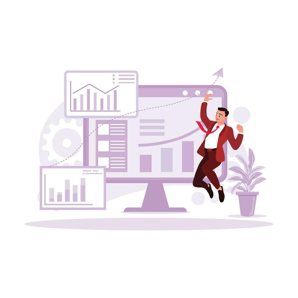 Young businessman, jumping with joy, celebrating success in increasing profit or company profit. Trend Modern vector flat illustration.