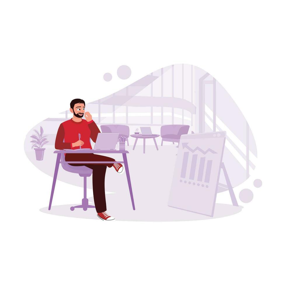 Bearded male freelancer, sitting in a cafe, working on business graphs on a laptop. Trend Modern vector flat illustration.