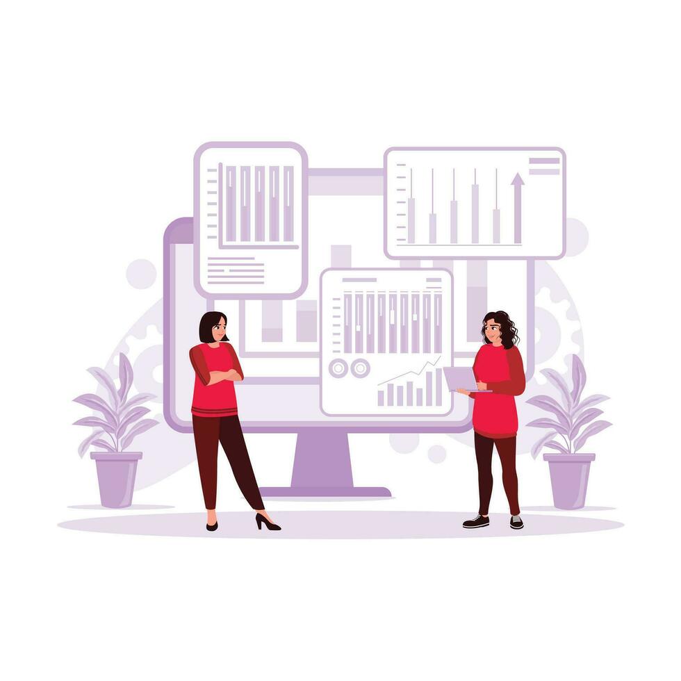 Two young women are standing, watching the big screen and discussing modern digital technology for company development. Trend Modern vector flat illustration.