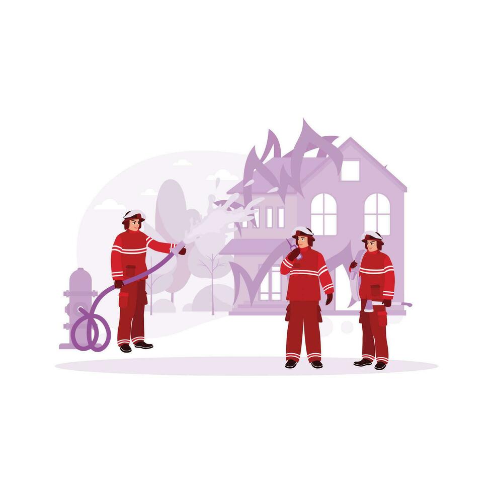 Fire a beautiful house with a variety of trees. Three firefighters were at the location of the fire. One of them splashed water using an APAR. Trend Modern vector flat illustration.
